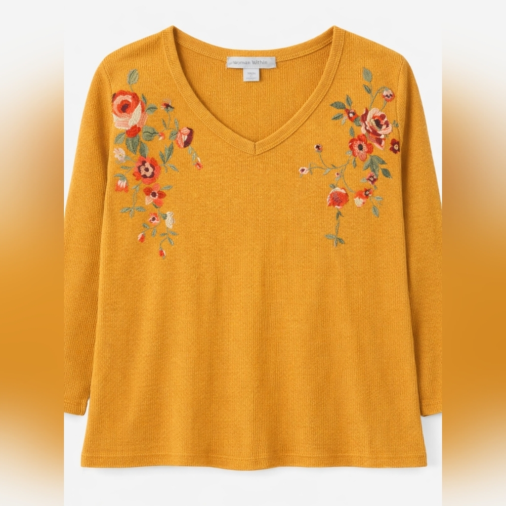 Woman Within Mustard V-Neck Waffle Knit with Floral Embroidery Boho